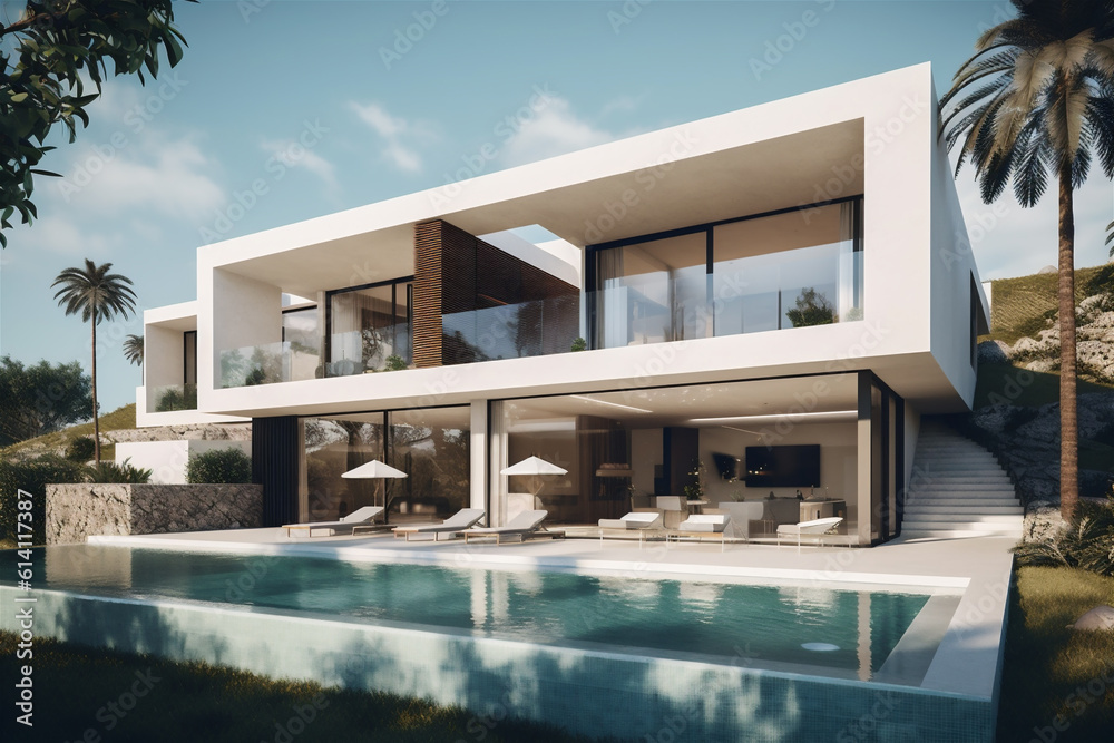 Fototapeta premium Close up of modern designed villa exterior and swimming pool