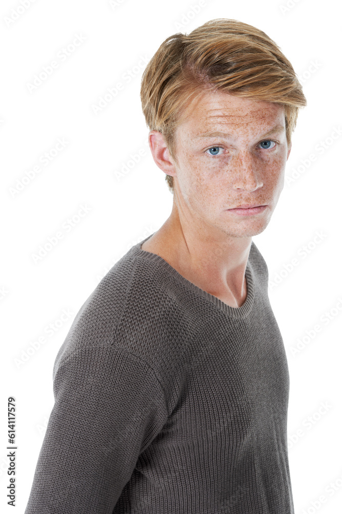 Fashion, redhead and serious portrait of man with confidence on isolated, png and transparent background. Confident, attitude and face of ginger male person with freckles standing in casual clothes Fashion, redhead and serious portrait of man with confidence on isolated, png and transparent background. Confident, attitude and face of ginger male person with freckles standing in casual clothes