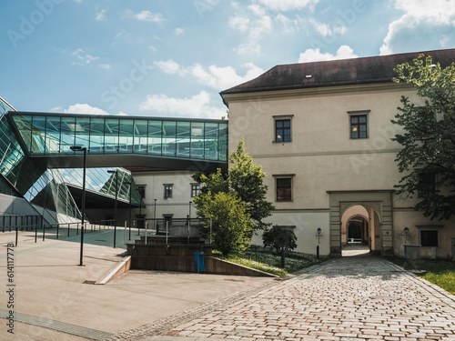 Courtyard of Linz Castle. A mix of modern and old architecture