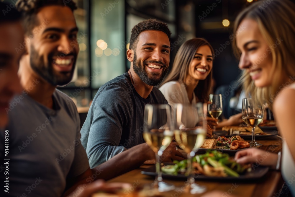 A close-up shot of a group of friends having fun together while dining at the venue. Generative AI
