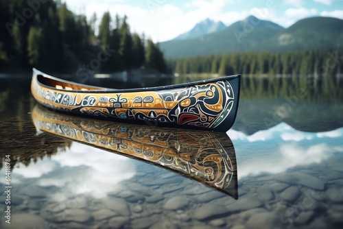 A canoe decorated with First Nations motifs. generative AI