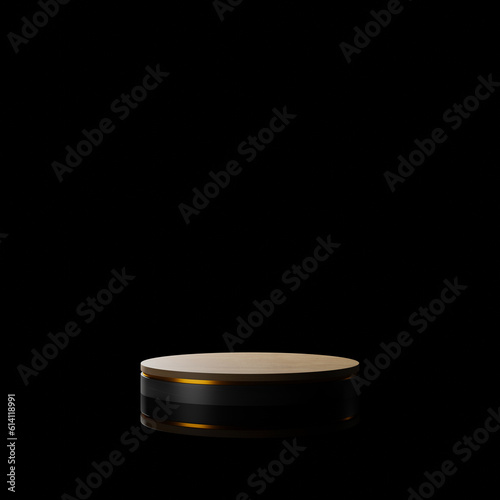 black display background with geometric shapes, podium on the floor. Platforms for product presentation. Abstract composition design, showcase product is black , 3D illustration