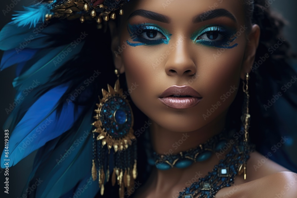 A close - up shot of a fashion model, showcasing intricate makeup and bold accessories. Generative AI