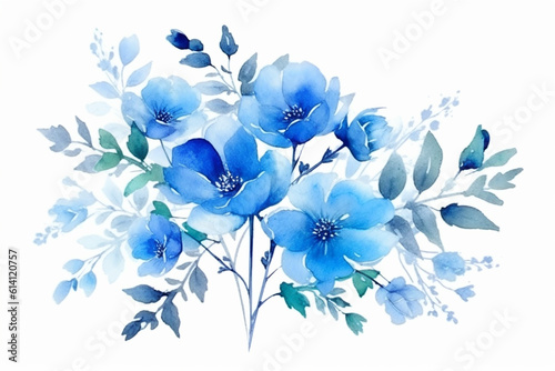 Watercolor painting of blue flowers and leaves isolated on white background created with Generative AI technology