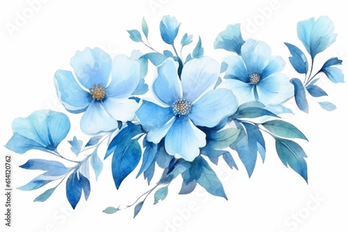 Watercolor painting of blue flowers and leaves isolated on white background created with Generative AI technology