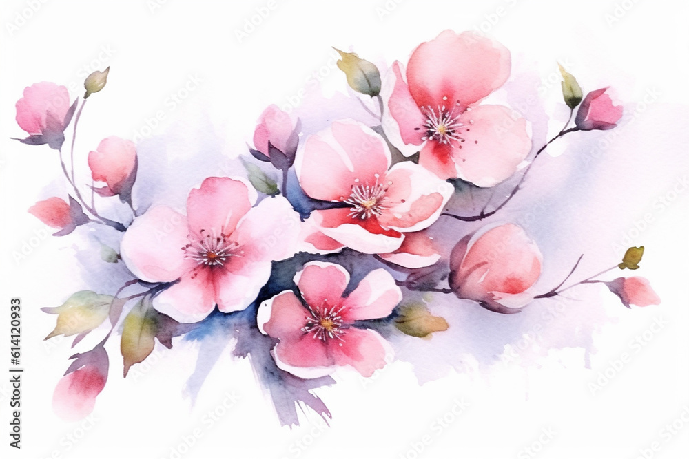 Watercolor painting of  pink spring blossom isolated on white background created with Generative AI technology