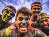 Close-up shot of group of happy friends playing paintball and having splashes of colorful paint on their faces. Generative AI