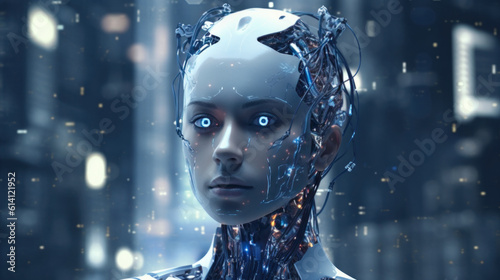 portrait of a female robot  in a background