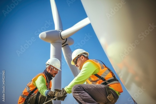 Two workers working together on a high site of windmill construction