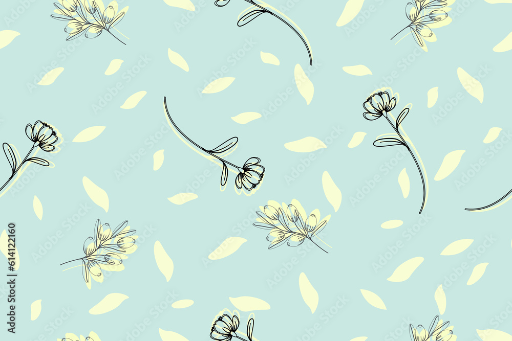 Hand Drawn Floral Lines  White and Black Seamless Pattern on Blue Background