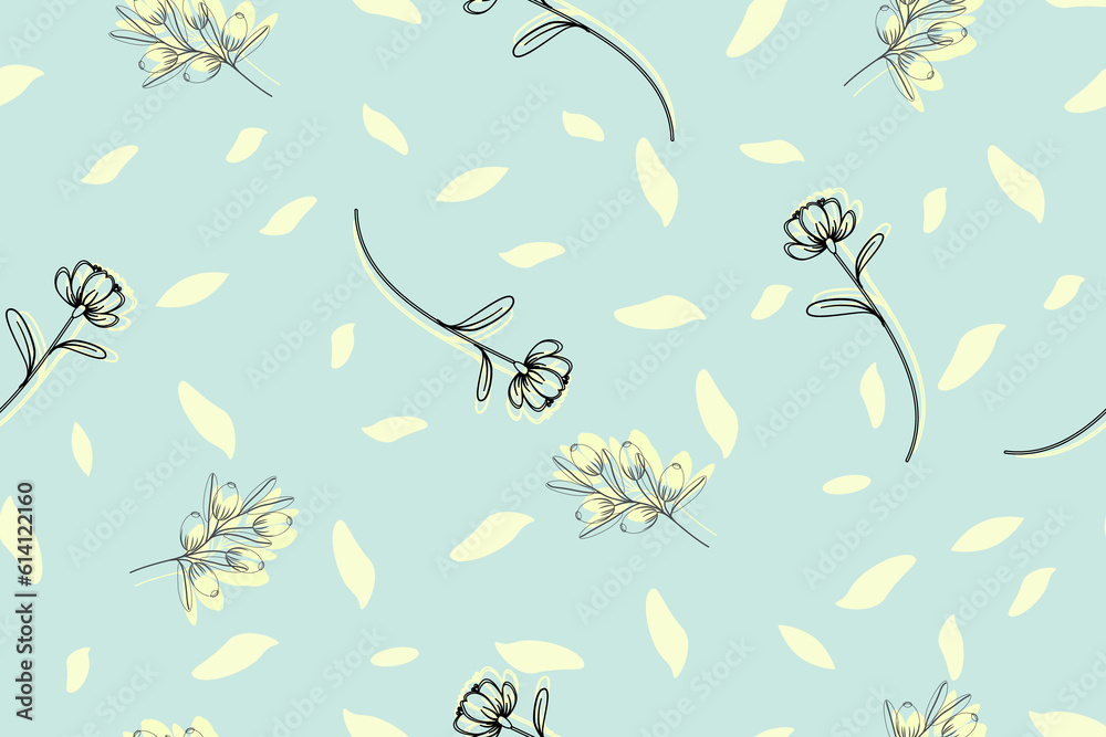Hand Drawn Floral Lines White and Black Seamless Pattern on Blue Background Hand Drawn Floral Lines White and Black Seamless Pattern on Blue Background