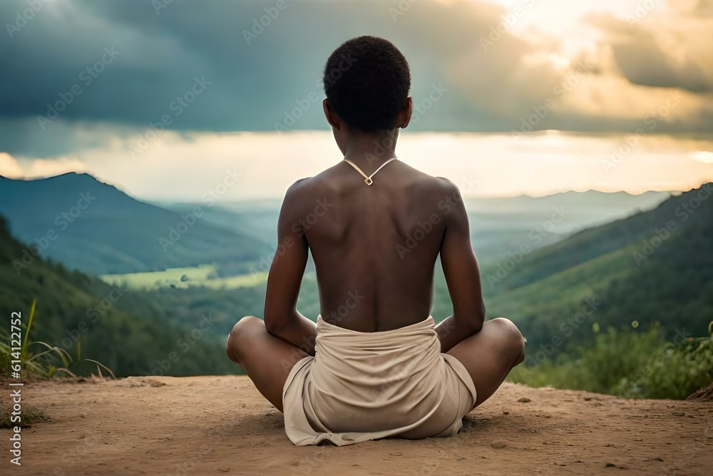 Image of an african boy sitting on the ground looking out on a deserted landscape. (AI-generated fictional illustration)