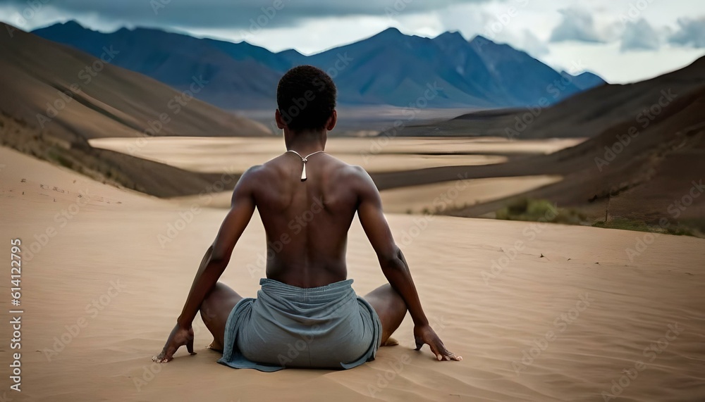 Image of an african boy sitting on the ground looking out on a deserted landscape. (AI-generated fictional illustration) Image of an african boy sitting on the ground looking out on a deserted landscape. (AI-generated fictional illustration)