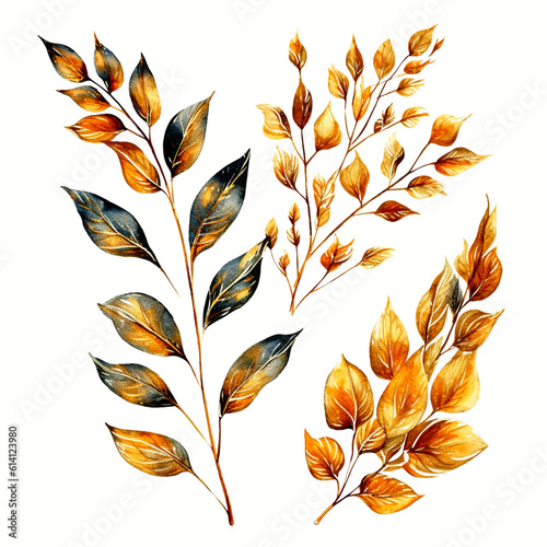 Set of  Vector Golden Leaves Watercolor