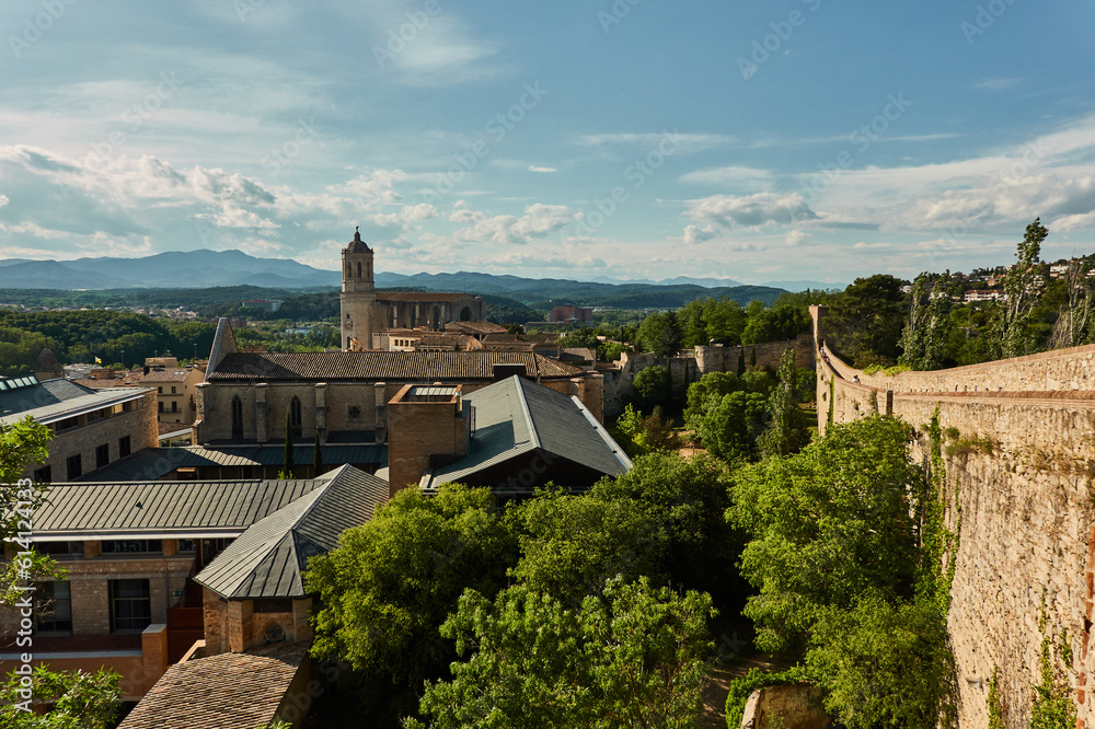 The historic center of Girona with the cathedral and the walls. Catalonia. Spain