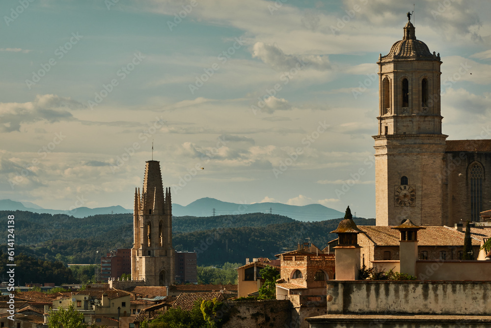 The historic center of Girona with the cathedral and the walls. Catalonia. Spain