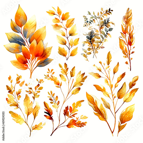 Set of  Vector Golden Leaves Watercolor