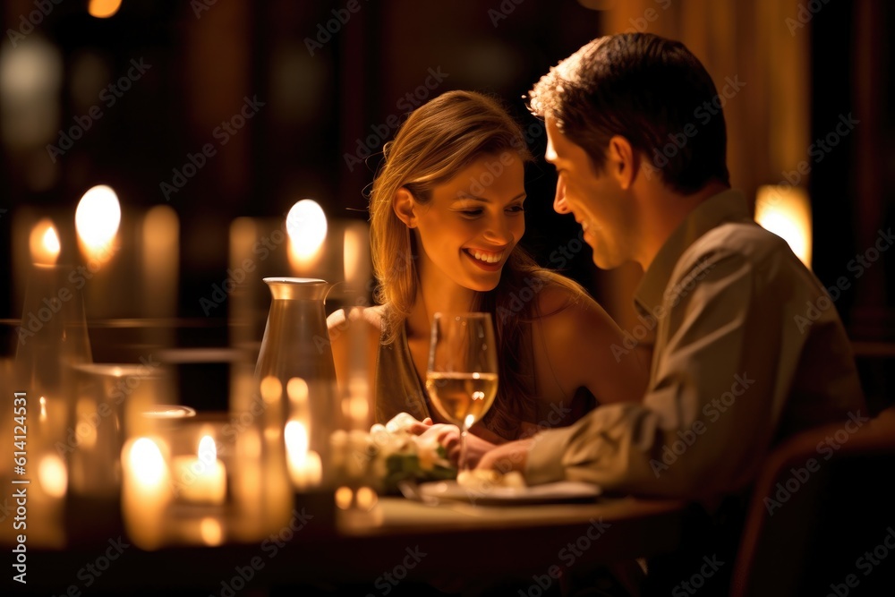 A close - up shot of a happy couple enjoying a romantic dinner in a candlelit restaurant. Generative AI - obrazy, fototapety, plakaty 