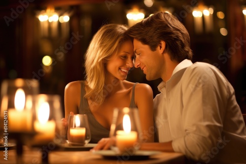 A close - up shot of a happy couple enjoying a romantic dinner in a candlelit restaurant. Generative AI © Mustafa