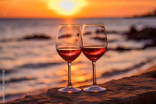 glass of red wine at sunset next the sea