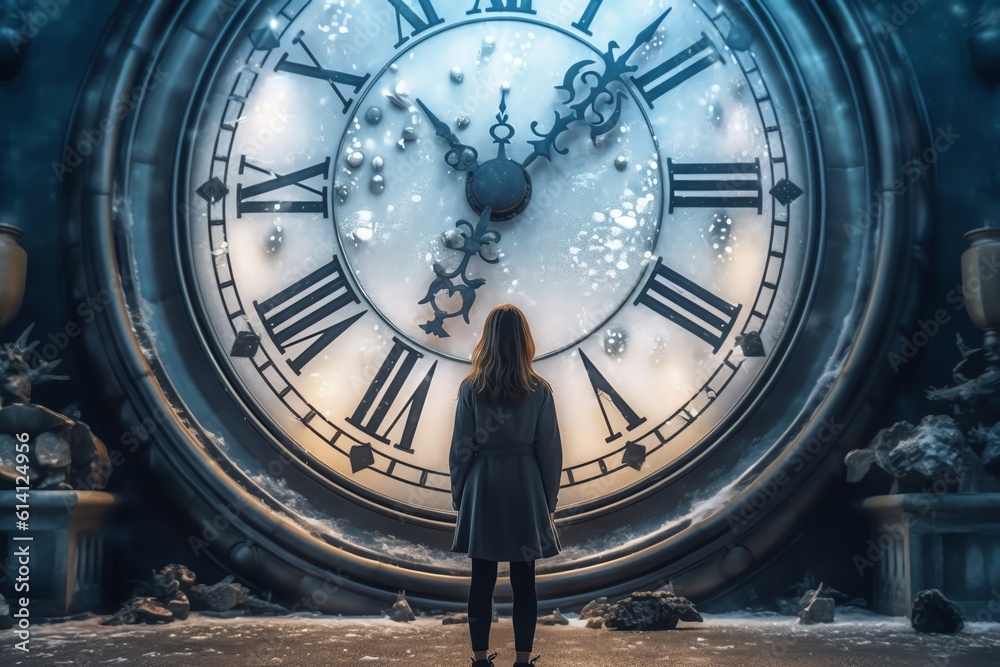 A girl standing in front of a giant clock background. generative AI