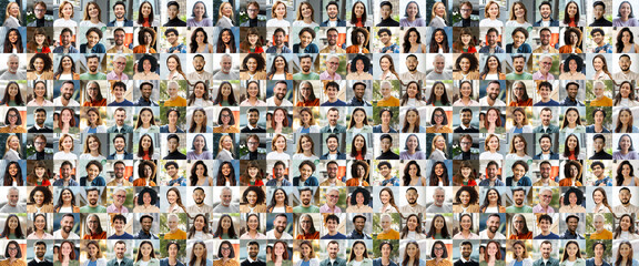 Large collage, portrait of multiracial smiling different business people. A lot of happy modern people faces in mosaic collection. Successful business, team, career, diversity concept