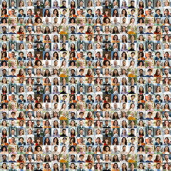 Large collage, portrait of multiracial smiling different business people. A lot of happy modern people faces in mosaic collection. Successful business, career, diversity concept 