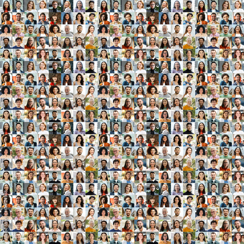 Large collage, portrait of multiracial smiling different business people. A lot of happy modern people faces in mosaic collection. Successful business, career, diversity concept 