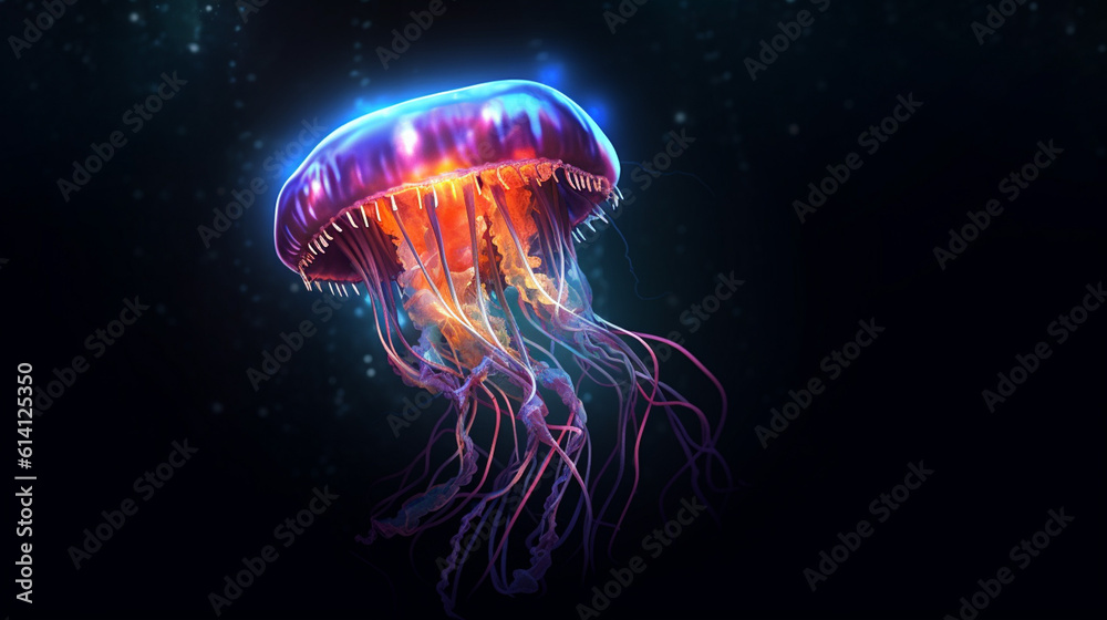 Glowing sea jellyfish isolated on dark background created with Generative AI technology