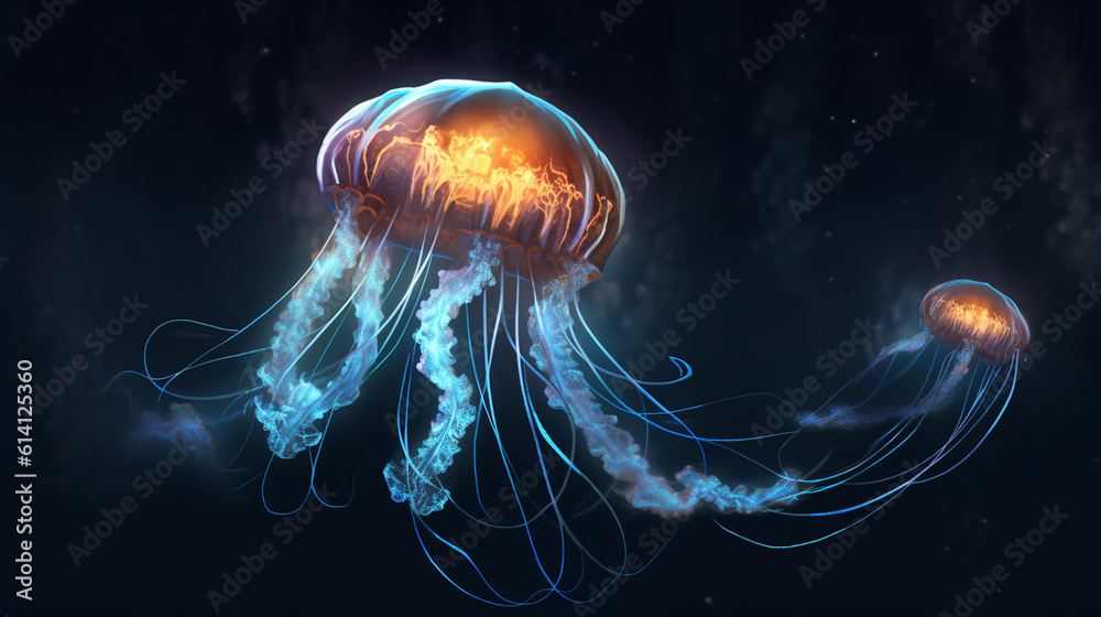 Glowing sea jellyfish isolated on dark background created with Generative AI technology