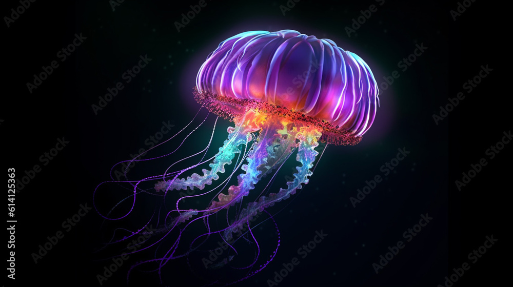 Glowing sea jellyfish isolated on dark background created with Generative AI technology Glowing sea jellyfish isolated on dark background created with Generative AI technology