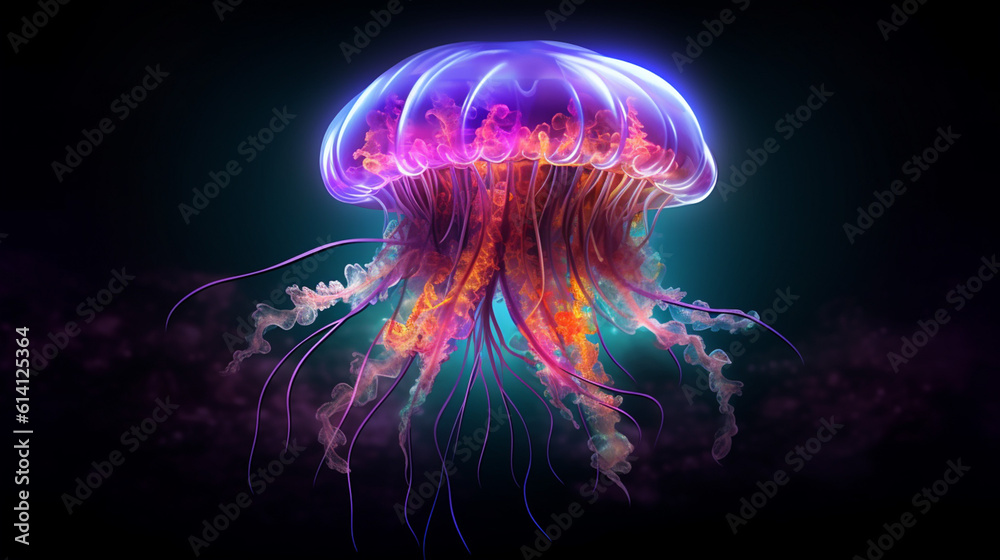 Glowing sea jellyfish isolated on dark background created with Generative AI technology Glowing sea jellyfish isolated on dark background created with Generative AI technology