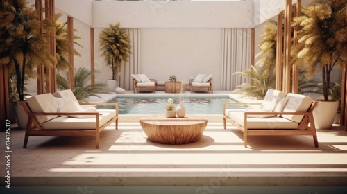 Exquisite interior lounge area near the swimming pool with sun loungers, sunset, Close area. Hotel relaxing zone, generative AI image