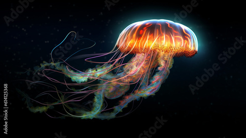 Glowing sea jellyfish isolated on dark background created with Generative AI technology © Oksana