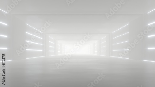 3d rendering of white abstract sci-fi tunnel, Futuristic spaceship corridor.