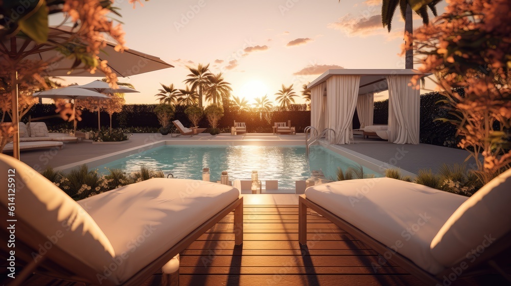 Fototapeta premium Exquisite interior lounge area near the swimming pool with sun loungers, sunset, generative AI image
