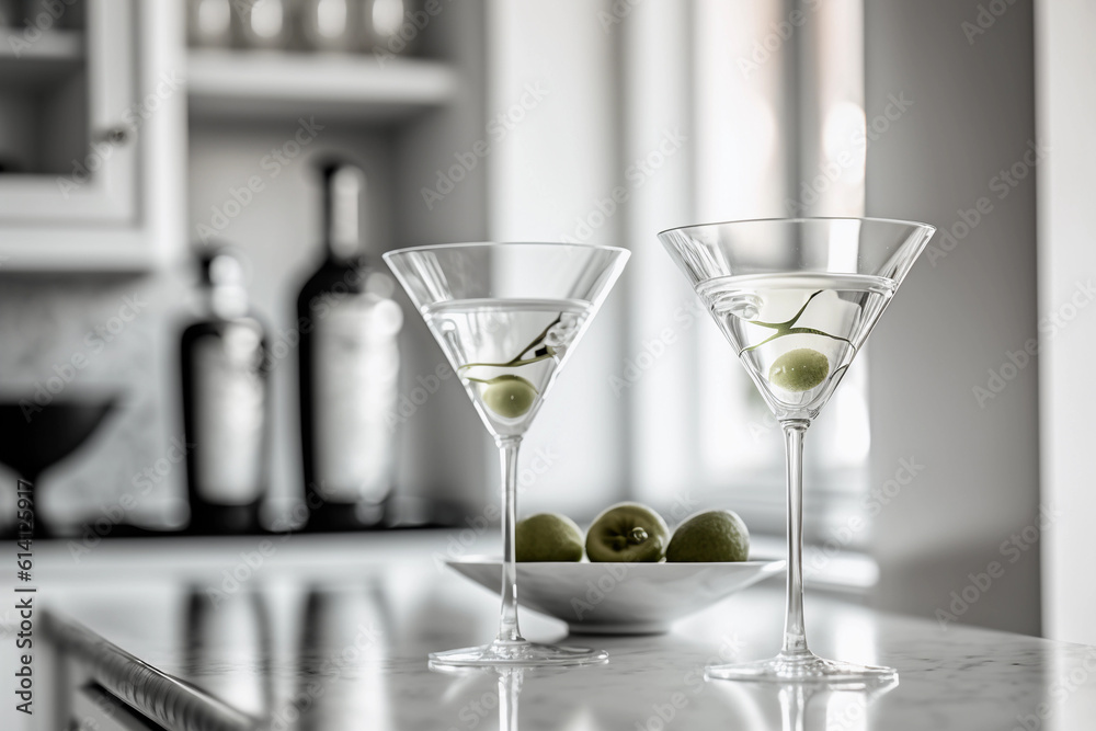 Martini in glasses on a kitchen countertop, generative AI Martini in glasses on a kitchen countertop, generative AI
