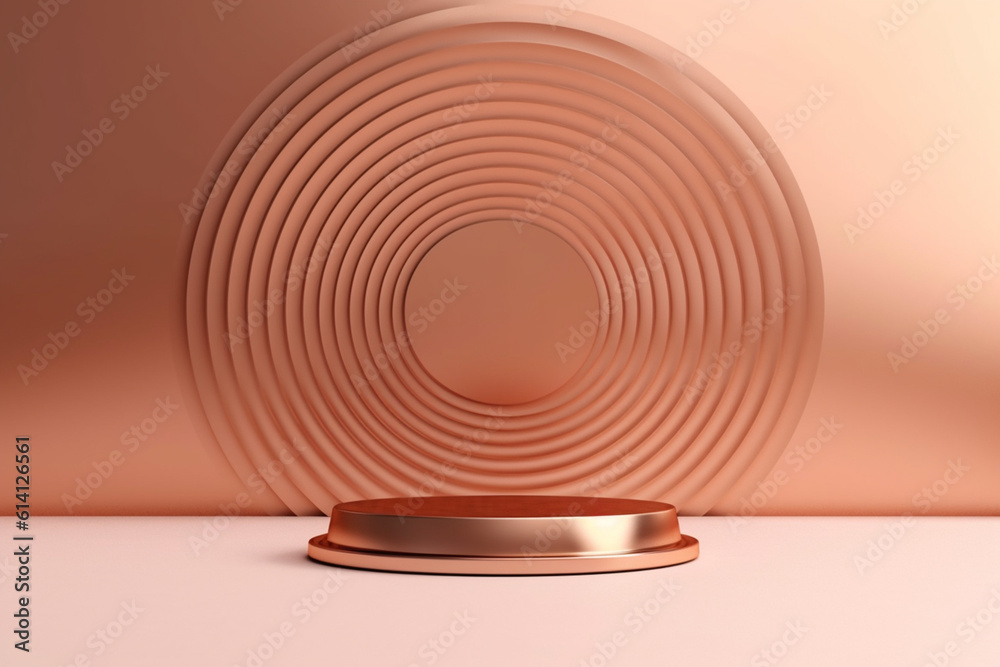 Obraz premium Rose gold round podium pedestal cosmetic beauty product presentation scene empty mock up on trendy pink coral pastel background with spring flowers, minimalist backdrop luxury template. Generative AI.