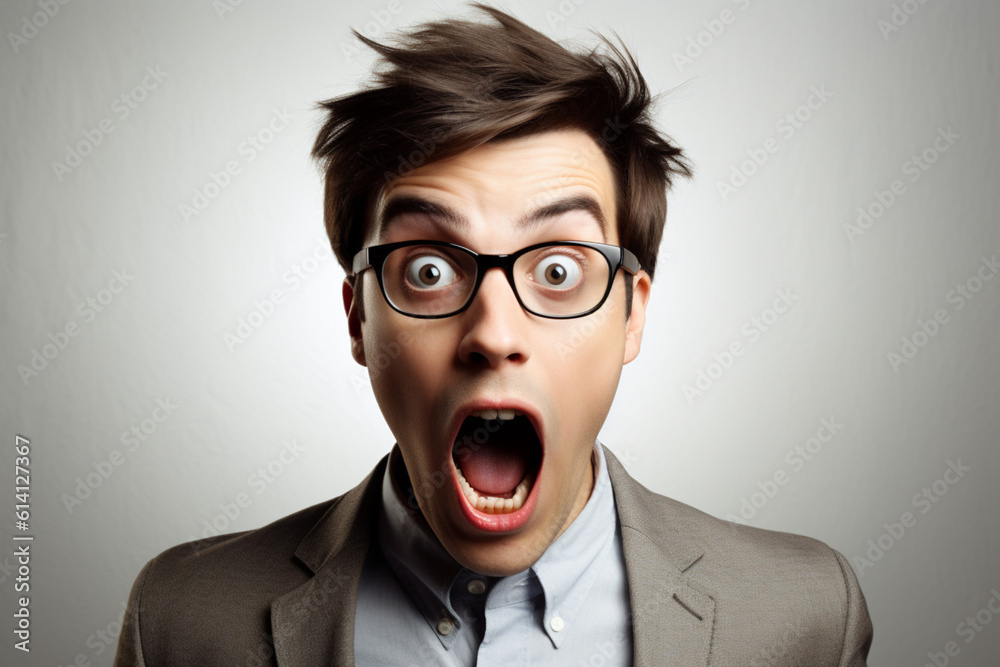 Surprised man in office clothes. Shocked businessman portrait. AI generated