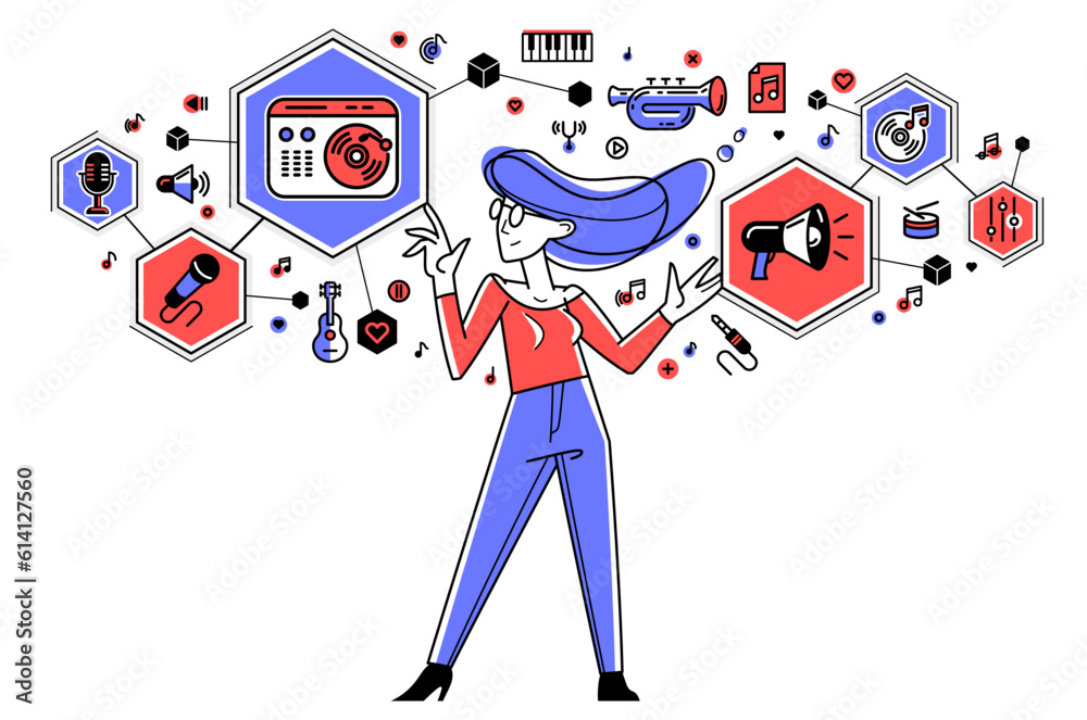 Sound engineer mixing new song in audio recording studio, vector outline illustration of a musician composer doing his job producing new beat. Sound engineer mixing new song in audio recording studio, vector outline illustration of a musician composer doing his job producing new beat.