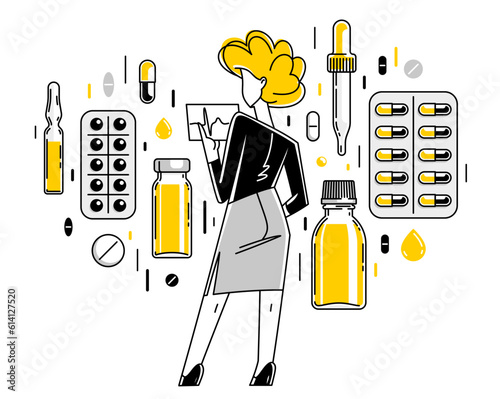 Doctor or apothecary drugstore worker checking different medicine vector outline illustration, prescription for antibiotics, choosing right remedy.