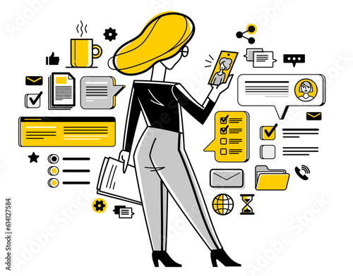 Online work on a phone concept vector outline illustration, smartphone remote virtual working freelancer or a part of coworking team working on distance.