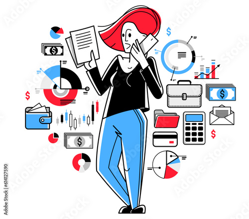 Financier working with charts and bars vector outline illustration, woman accountant working with financial data, analyst adviser working with investment.
