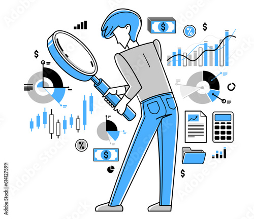 Financial analytic making inquiry about budget balance in business company, vector outline illustration, business strategy growth, investments.