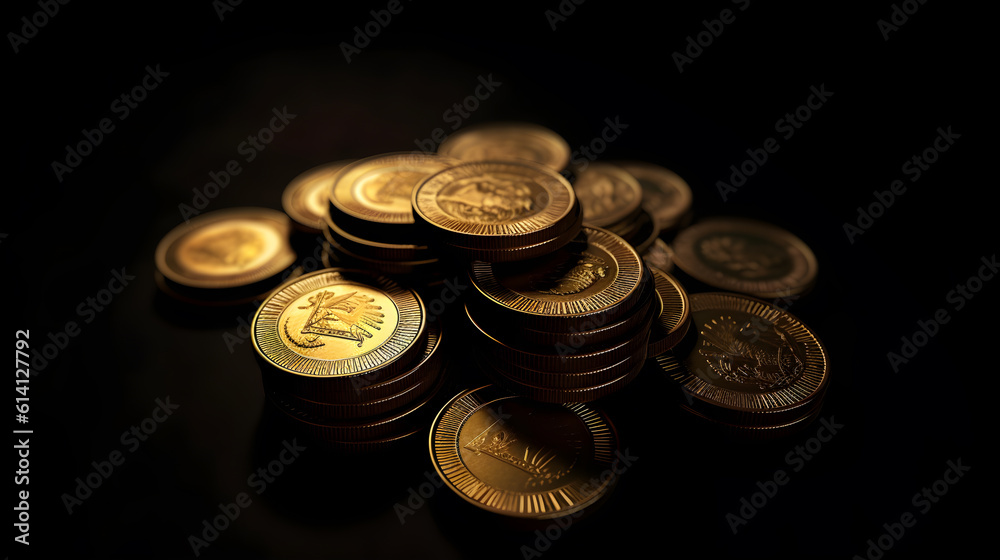 Stack Gold coins on black background. Generative AI Stack Gold coins on black background. Generative AI