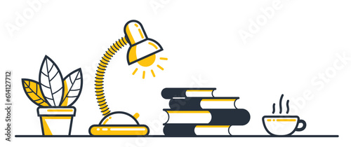 Library theme self-education vector concept flat illustration isolated over white, empty chair for intellectual worker analytics, education theme studying, college or university student.