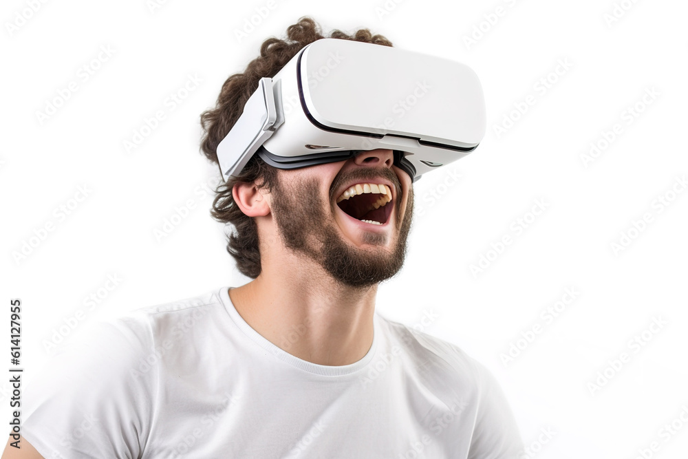 Portrait of a young man wearing virtual reality goggles, grey background. Future technology concept. created with generative AI technology. Portrait of a young man wearing virtual reality goggles, grey background. Future technology concept. created with generative AI technology.