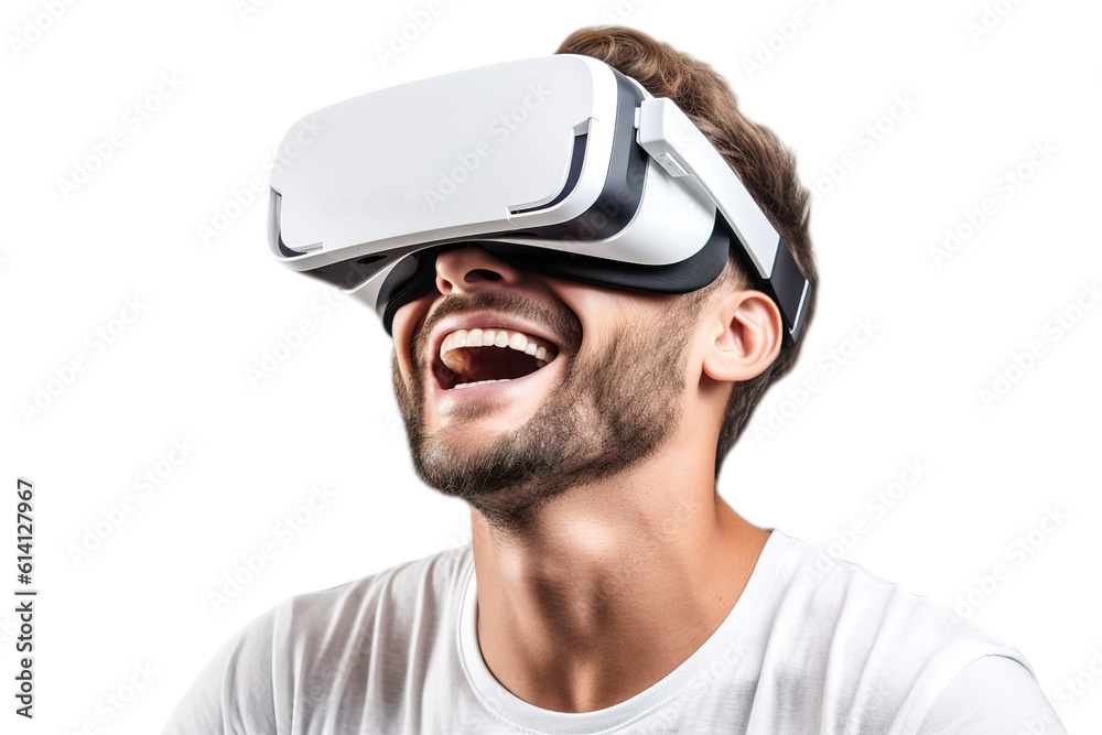 Fototapeta premium Portrait of a young man wearing virtual reality goggles, grey background. Future technology concept. created with generative AI technology.