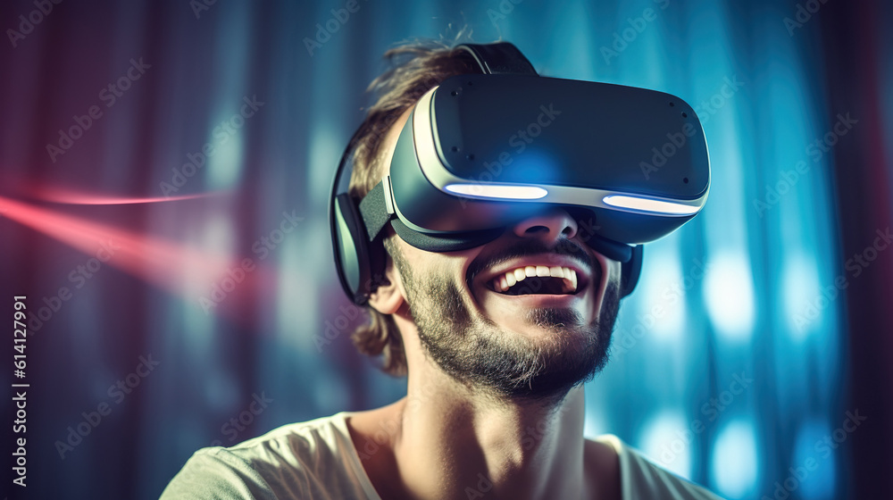 Portrait of a young man wearing virtual reality goggles, grey background. Future technology concept. created with generative AI technology.