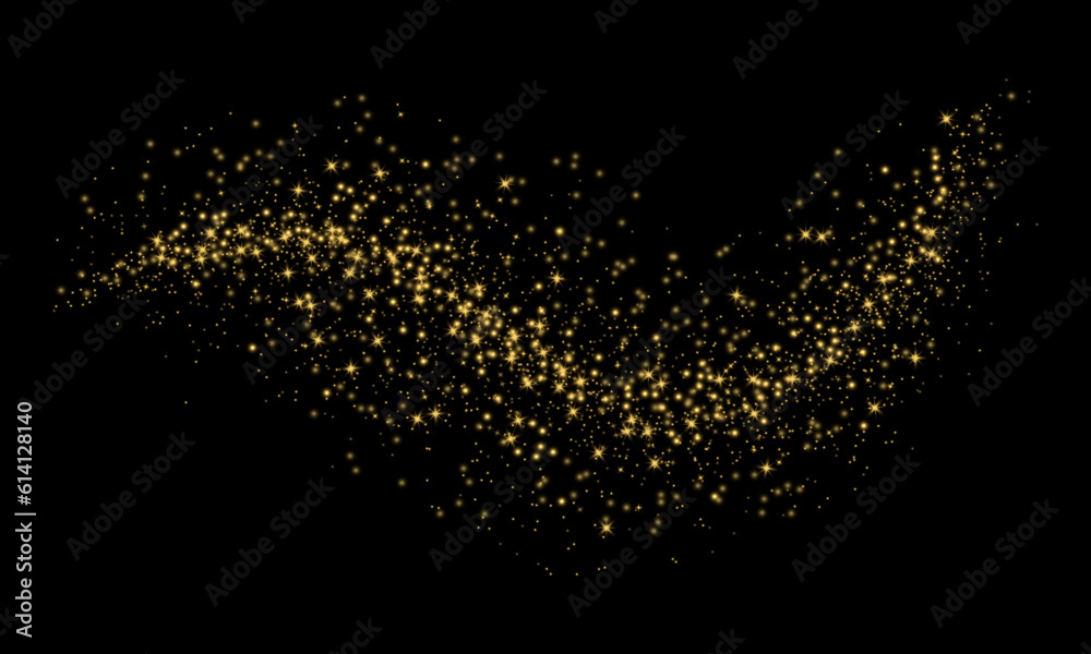 Glittering vector dust on black background. Golden sparkling lights. Holiday glow particle. Magic star effect. Shine background. Festive party design. Vector EPS 10